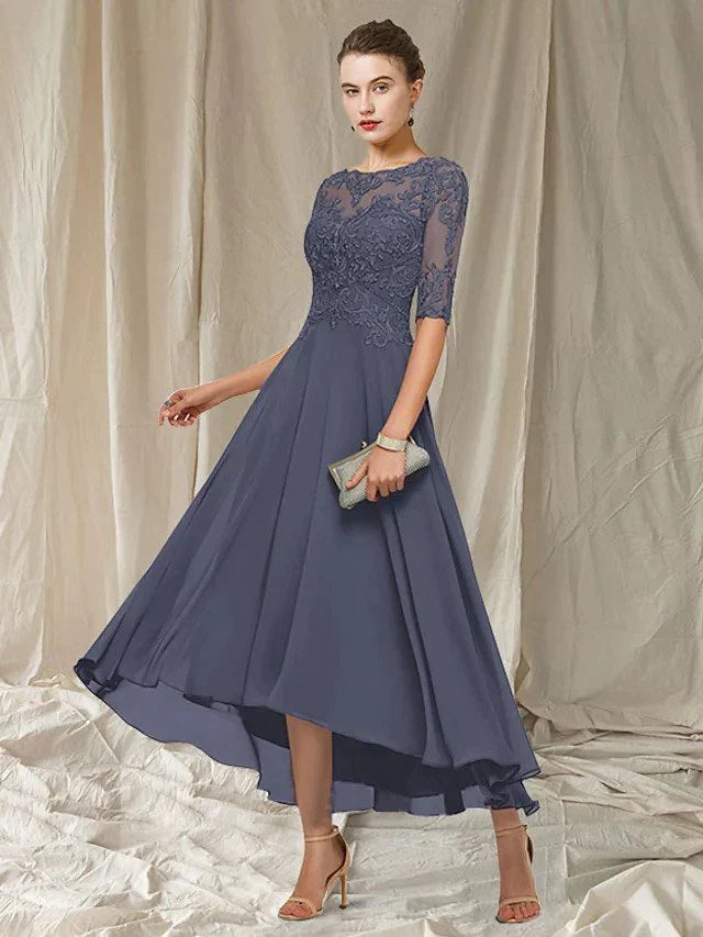 Ladies Floral A-Line Lace Dress with Elbow Sleeves