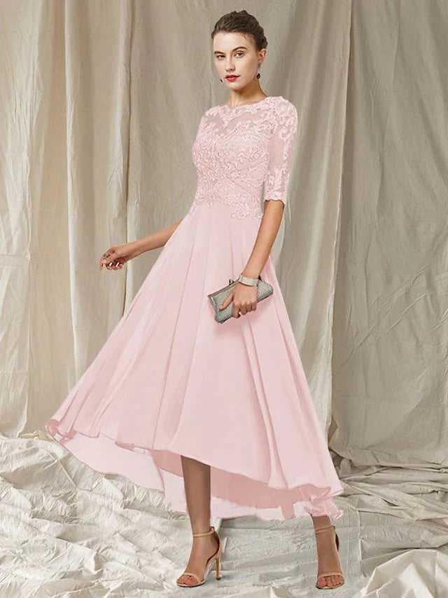 Ladies Floral A-Line Lace Dress with Elbow Sleeves