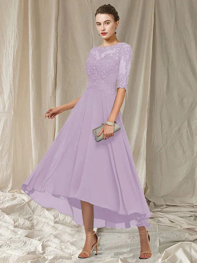 Ladies Floral A-Line Lace Dress with Elbow Sleeves