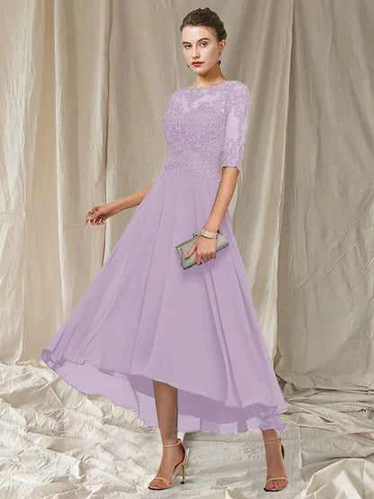 Ladies Floral A-Line Lace Dress with Elbow Sleeves