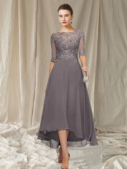 Ladies Floral A-Line Lace Dress with Elbow Sleeves