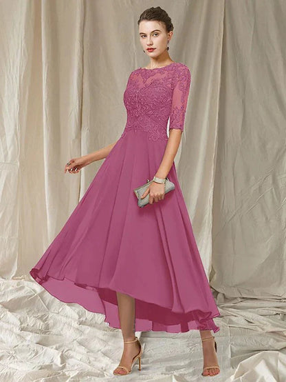 Ladies Floral A-Line Lace Dress with Elbow Sleeves