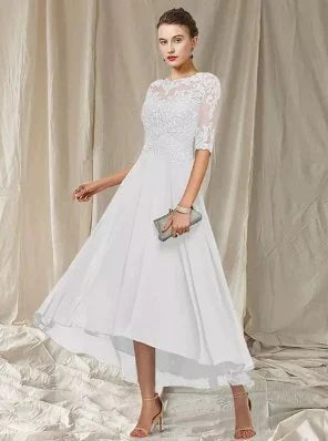 Ladies Floral A-Line Lace Dress with Elbow Sleeves