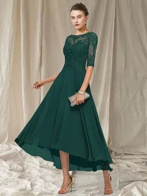 Ladies Floral A-Line Lace Dress with Elbow Sleeves