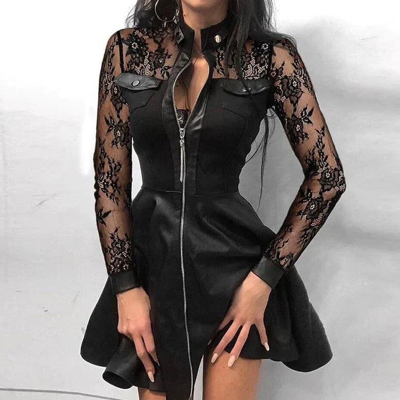 Ladies' A-Line Dress with Lace Sleeves and Zip Front - Nocini
