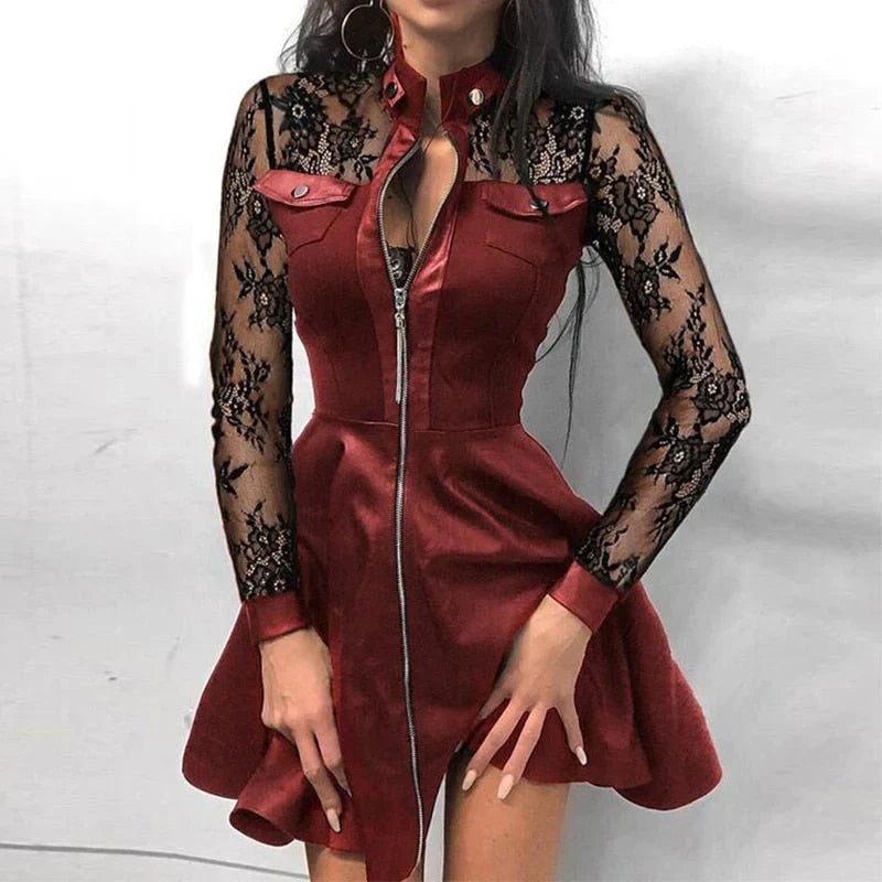 Ladies' A-Line Dress with Lace Sleeves and Zip Front