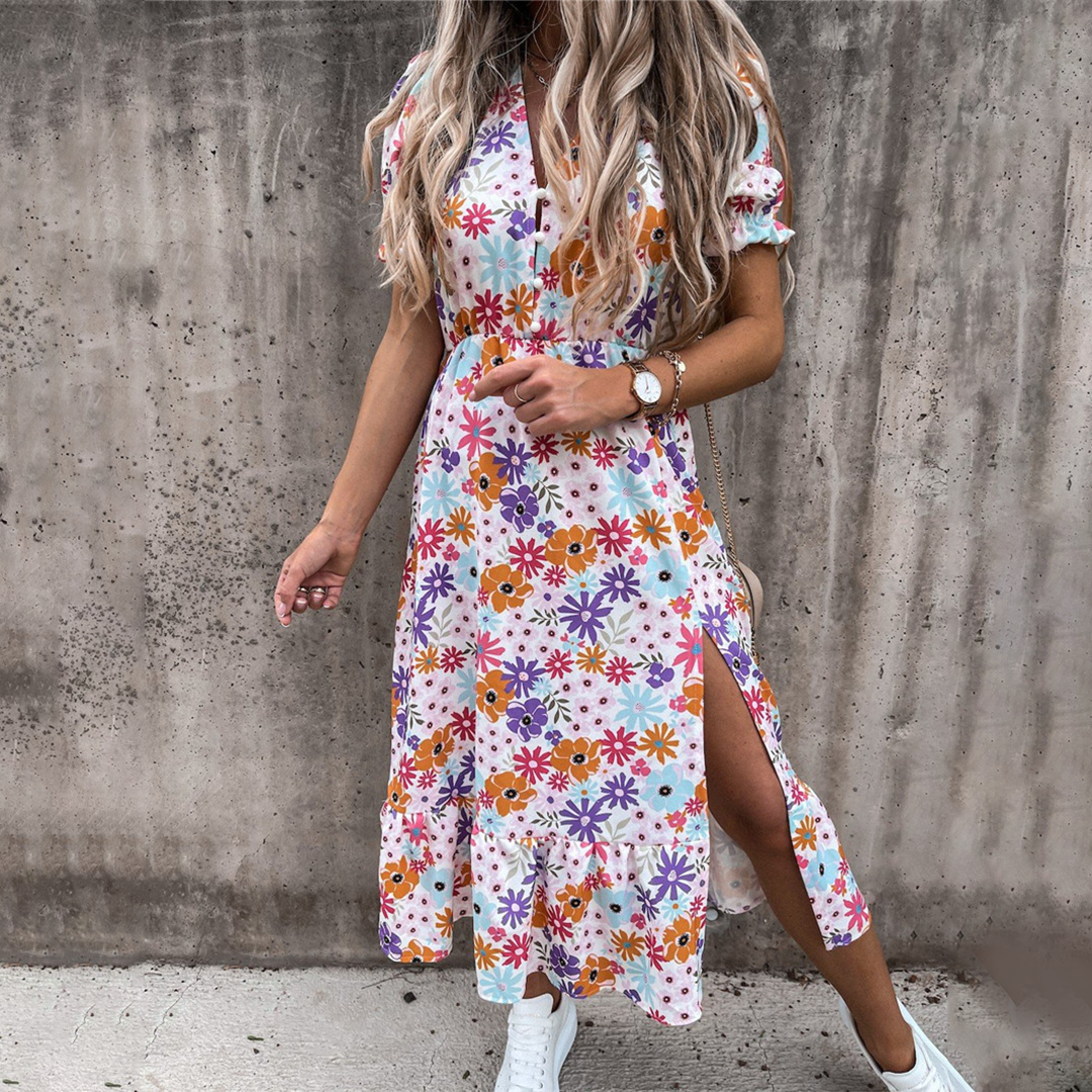 Elegant V Neck Floral Midi Dress with Short Sleeves - Nocini