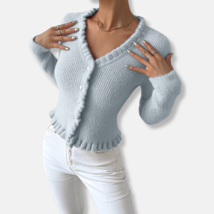 Feminine Short Cardigan with Button Front and Ruffles