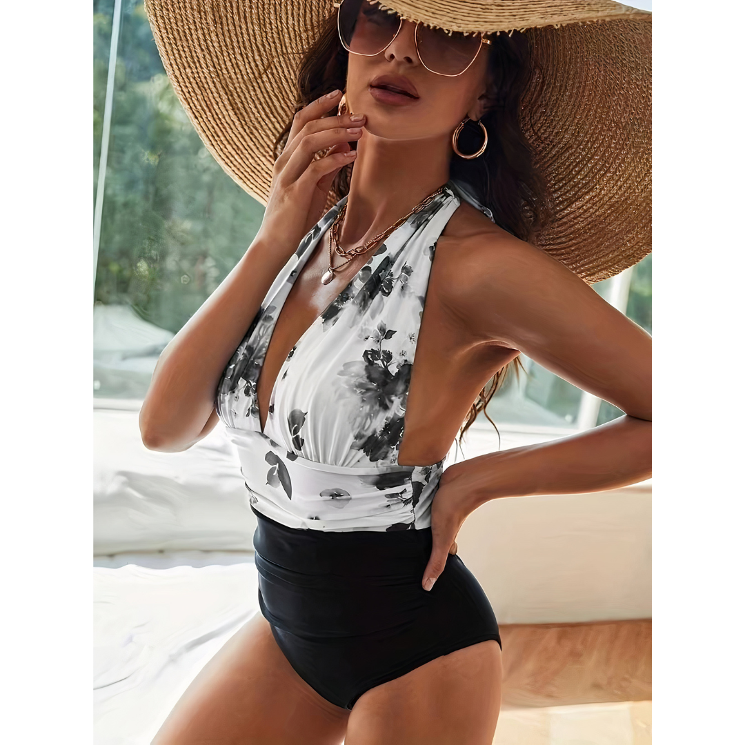 Women's Floral Print Halter Neck Swimsuit with Ruched Waist
