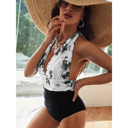 Women's Floral Print Halter Neck Swimsuit with Ruched Waist