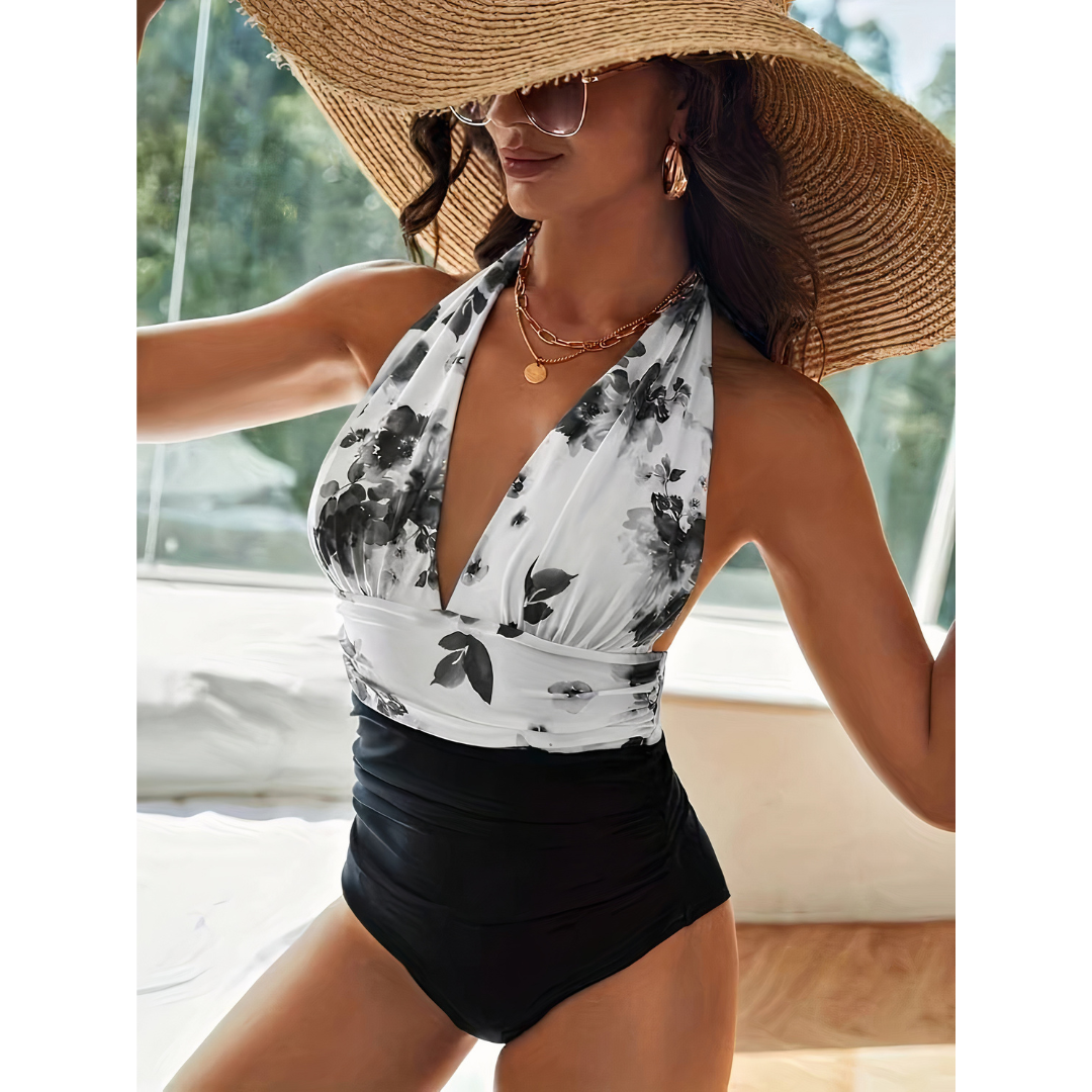 Women's Floral Print Halter Neck Swimsuit with Ruched Waist - Nocini