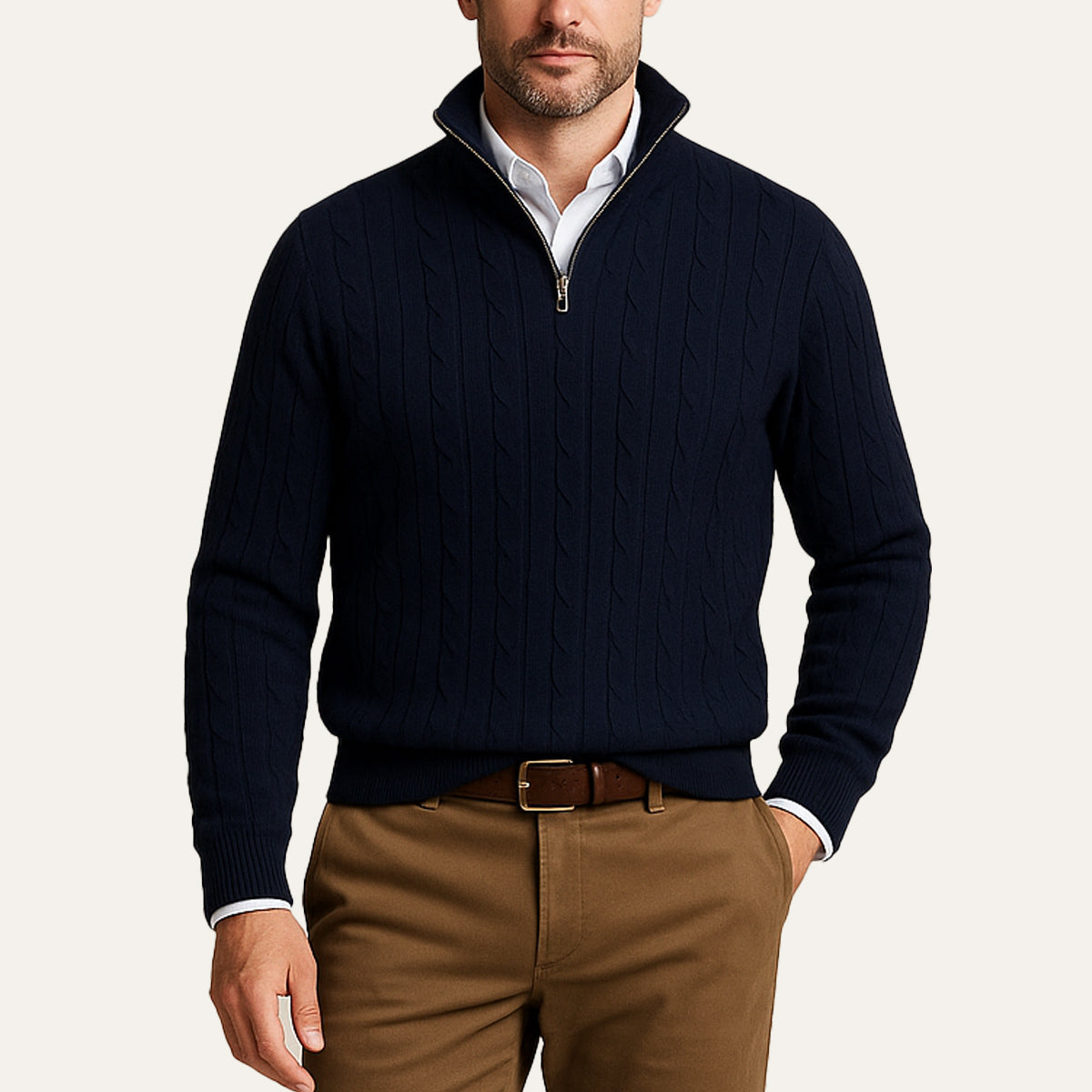 Classic Cable Knit Zip Sweater for Men