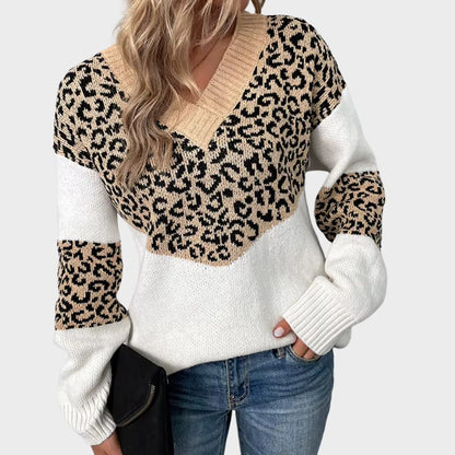 Women's Stylish V-neck Leopard Sweater