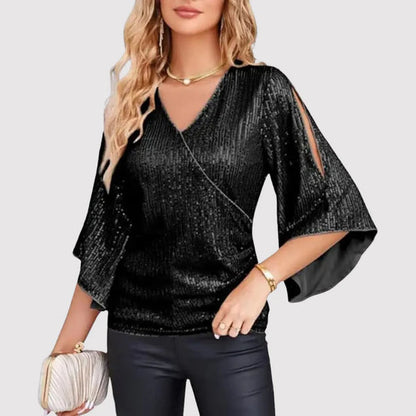 Women's V-Neck Wrap Blouse with Sparkly Ruffled Sleeves