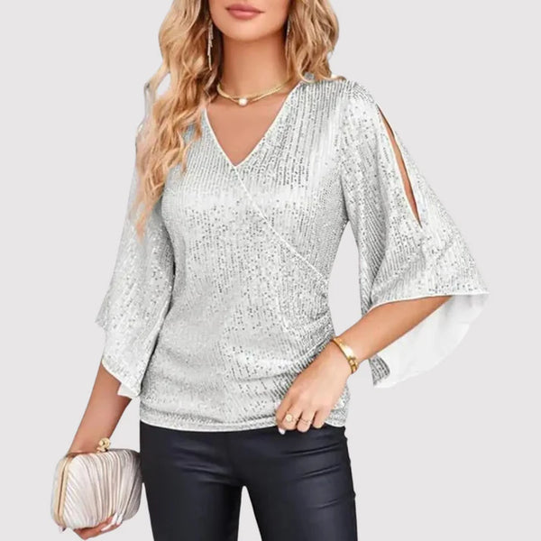 Women's V-Neck Wrap Blouse with Sparkly Ruffled Sleeves