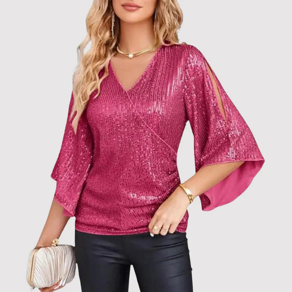 Women's V-Neck Wrap Blouse with Sparkly Ruffled Sleeves