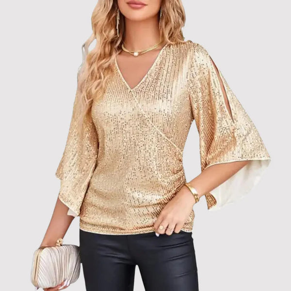 Women's V-Neck Wrap Blouse with Sparkly Ruffled Sleeves