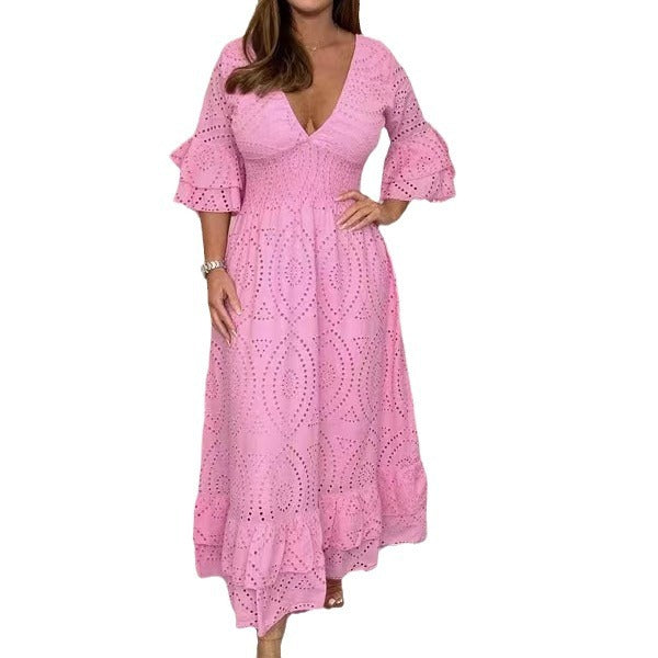 Ladies Embroidered V Neck Midi Dress