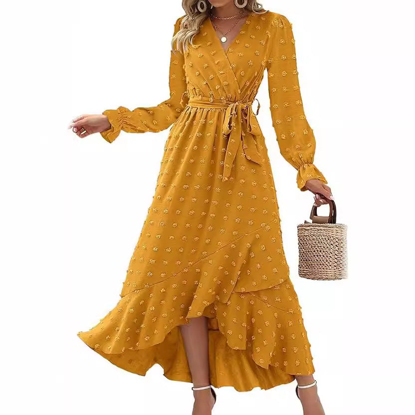 Ladies' V Neck Wrap Dress with Ruffles and Tie Waist - Nocini