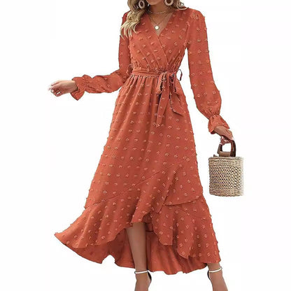 Ladies' V Neck Wrap Dress with Ruffles and Tie Waist