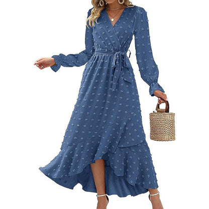 Ladies' V Neck Wrap Dress with Ruffles and Tie Waist