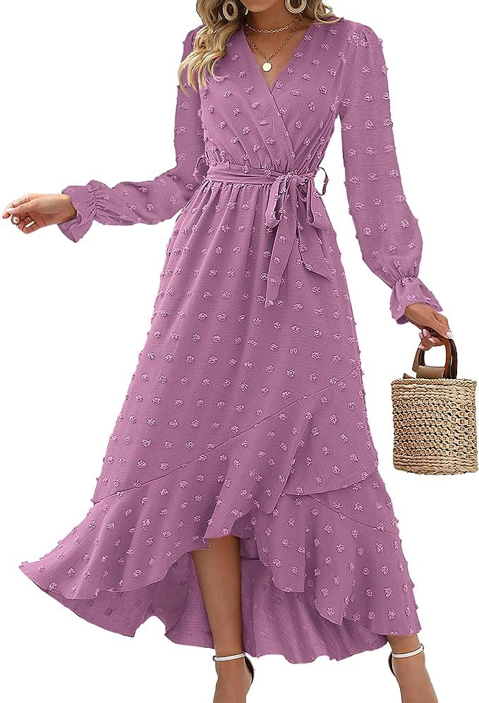 Ladies' V Neck Wrap Dress with Ruffles and Tie Waist