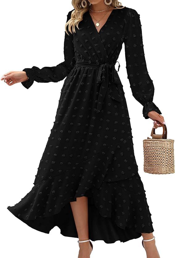 Ladies' V Neck Wrap Dress with Ruffles and Tie Waist