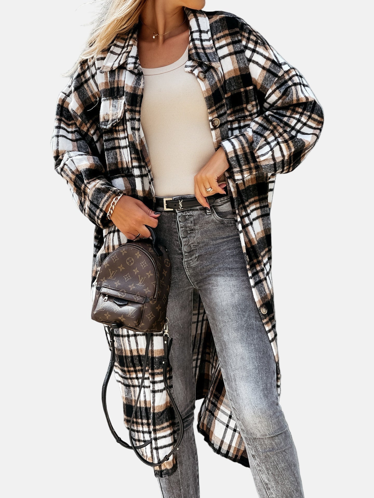 Relaxed Fit Plaid Button Down Women's Shirt Jacket - Nocini