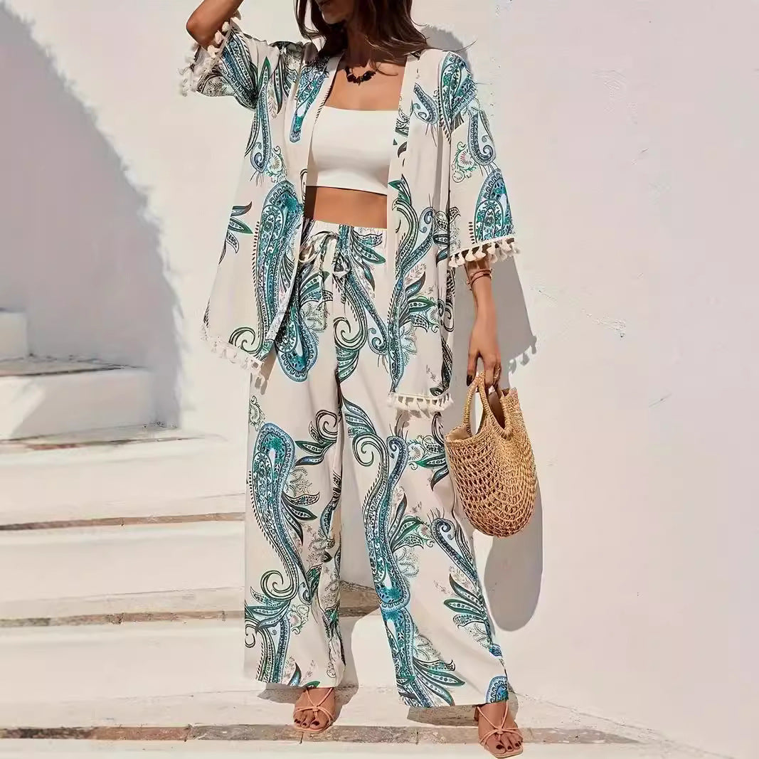 Women's Lounge Set - Comfortable Pants - Open Front Cardigan - Floral Print