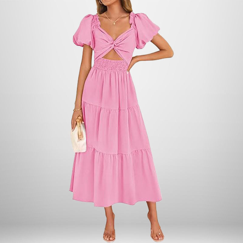 Floral V Neck Maxi Dress with Puff Sleeves