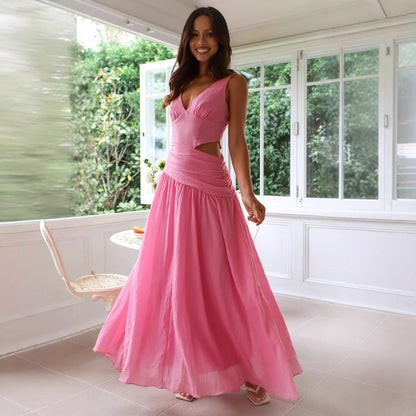 Elegant V Neck Maxi Dress with Cut Out Detail