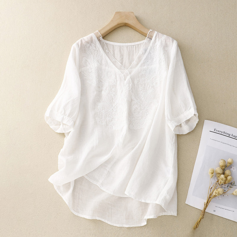 Relaxed Fit V-Neck Women's Top with Embroidery