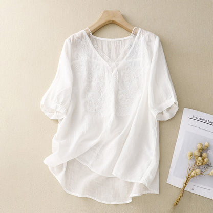 Relaxed Fit V-Neck Women's Top with Embroidery