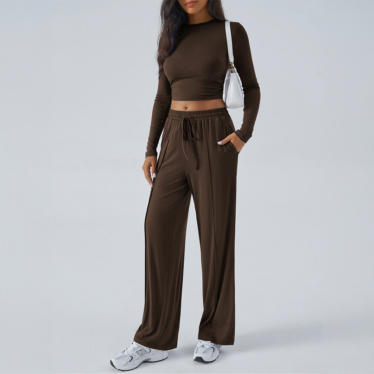 Women's Outfit - Fitted Cropped Top with High Waist Trousers