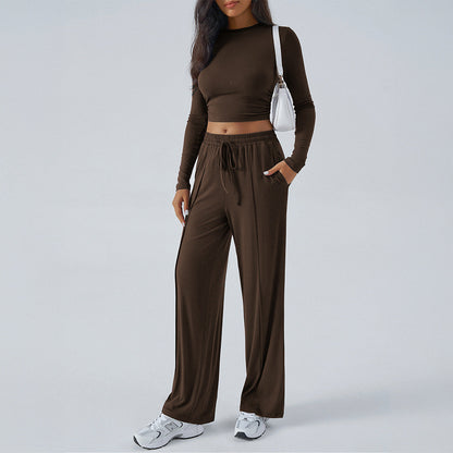 Women's Outfit - Fitted Cropped Top with High Waist Trousers