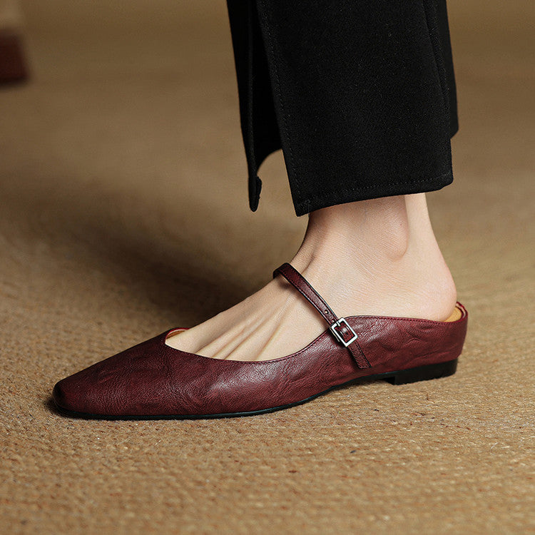 Ladies Slim Pointed-Toe Slip-On Shoes with Buckle Strap