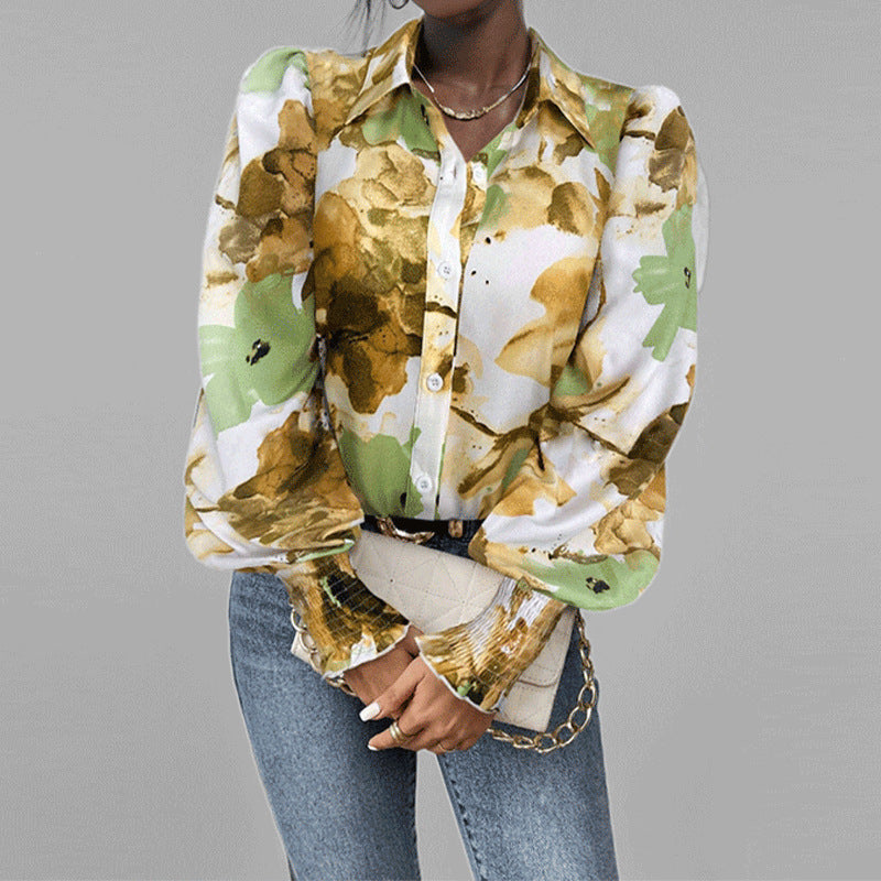 Loose Fit Floral Ruffle Sleeve Women's Top