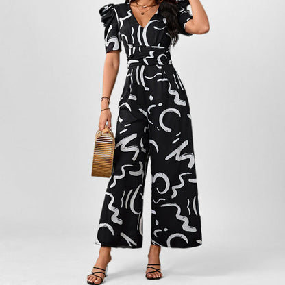 Women's V-Neck Jumpsuit with Puff Sleeves and Wide Legs