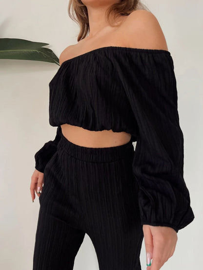 Ladies' Set - Cold Shoulder Cropped Top with High Waist Pants