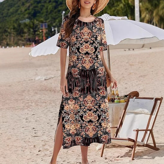 Flowy Maxi Dress with Floral Print and Side Slits