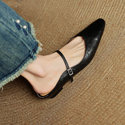 Ladies Slim Pointed-Toe Slip-On Shoes with Buckle Strap