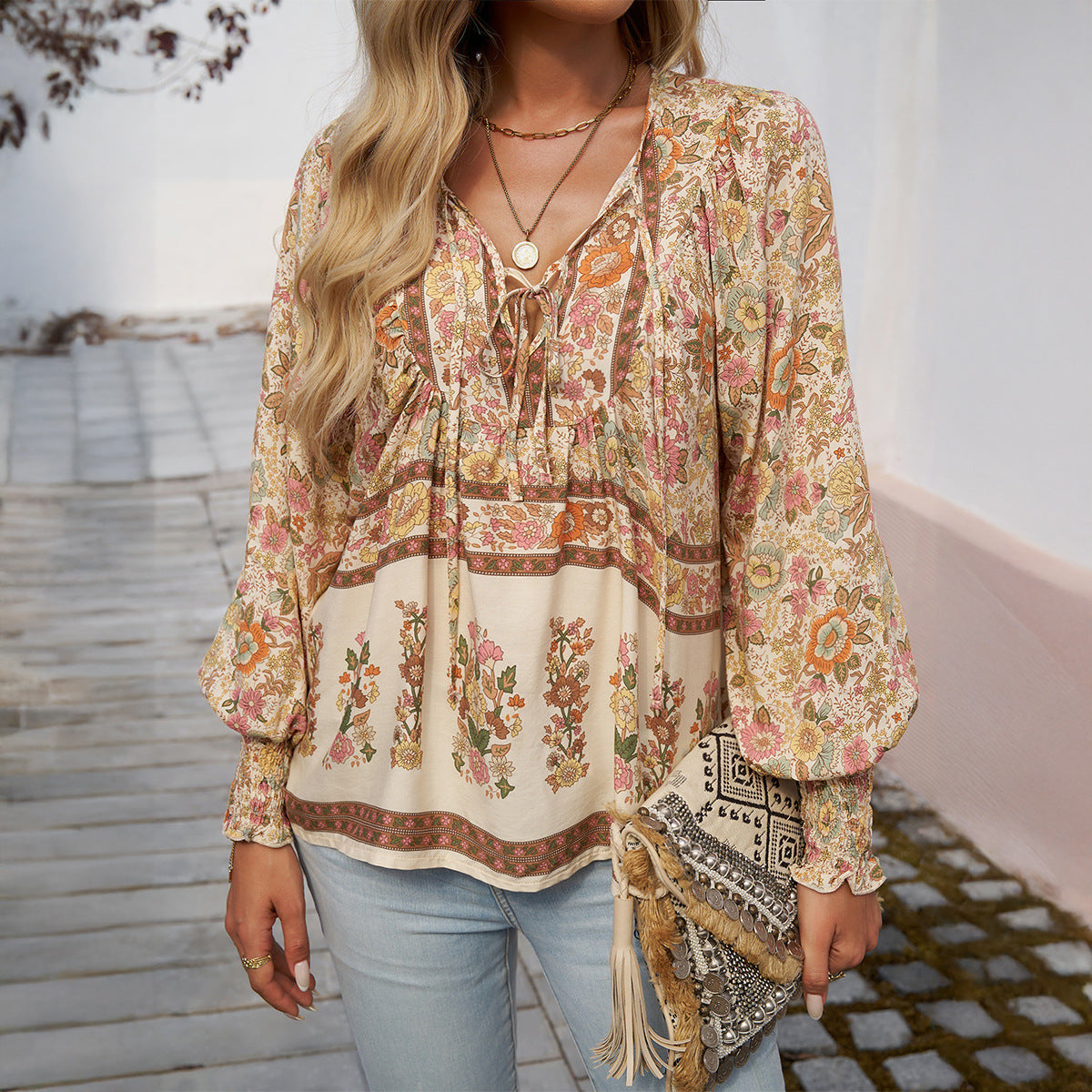 Casual Loose Fit Women's Blouse with Long Sleeves Boho Style