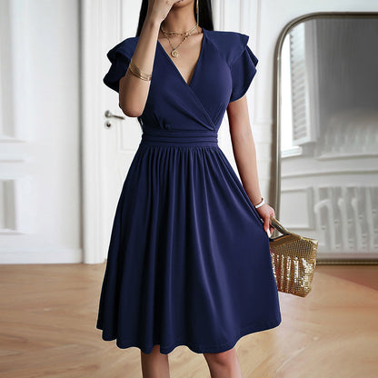 Ladies V Neck Wrap Dress with Short Sleeves