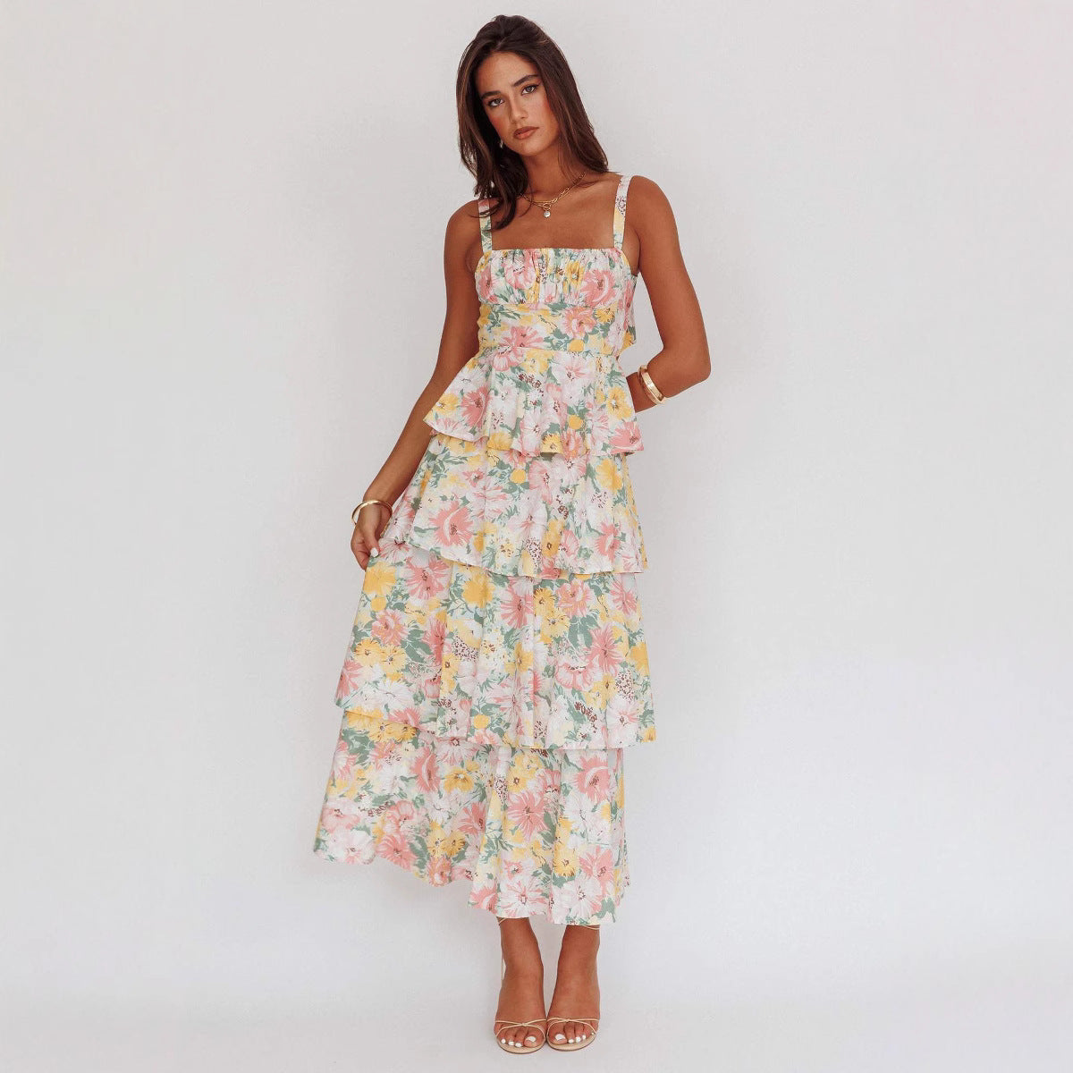 Feminine Floral Midi Dress with Ruffle Skirt - Nocini