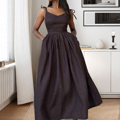 Casual V-Neck Midi Dress with Open Back Detail