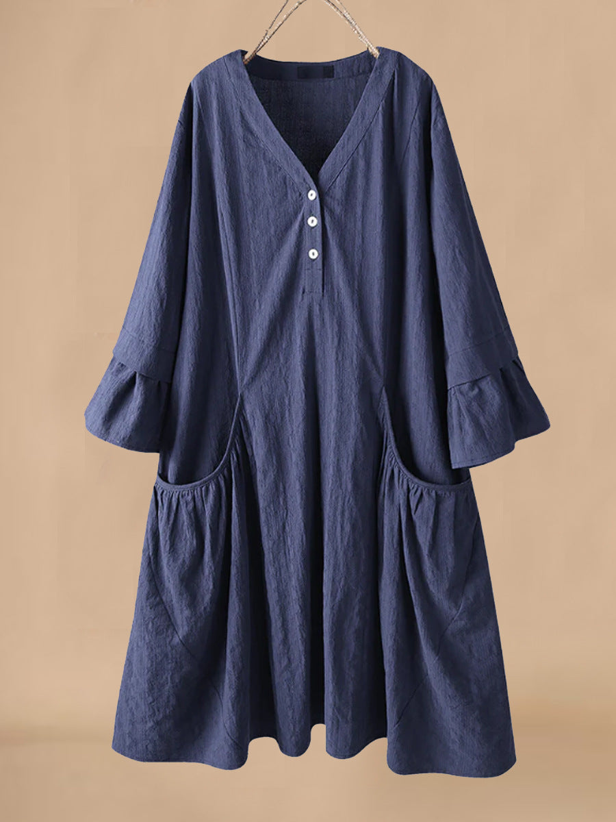 Casual Women's Midi Dress with V Neck and Ruffles - Nocini