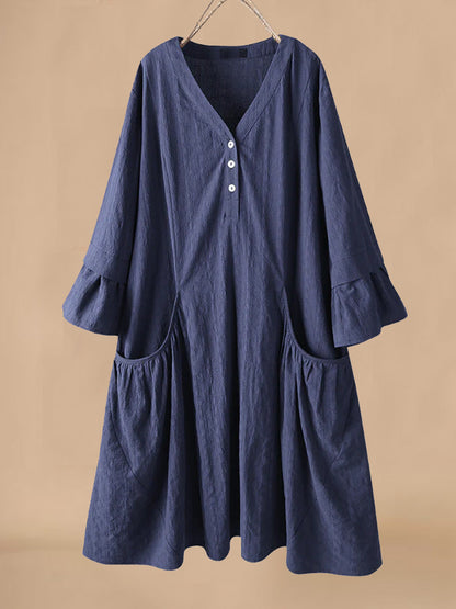 Casual Women's Midi Dress with V Neck and Ruffles - Nocini