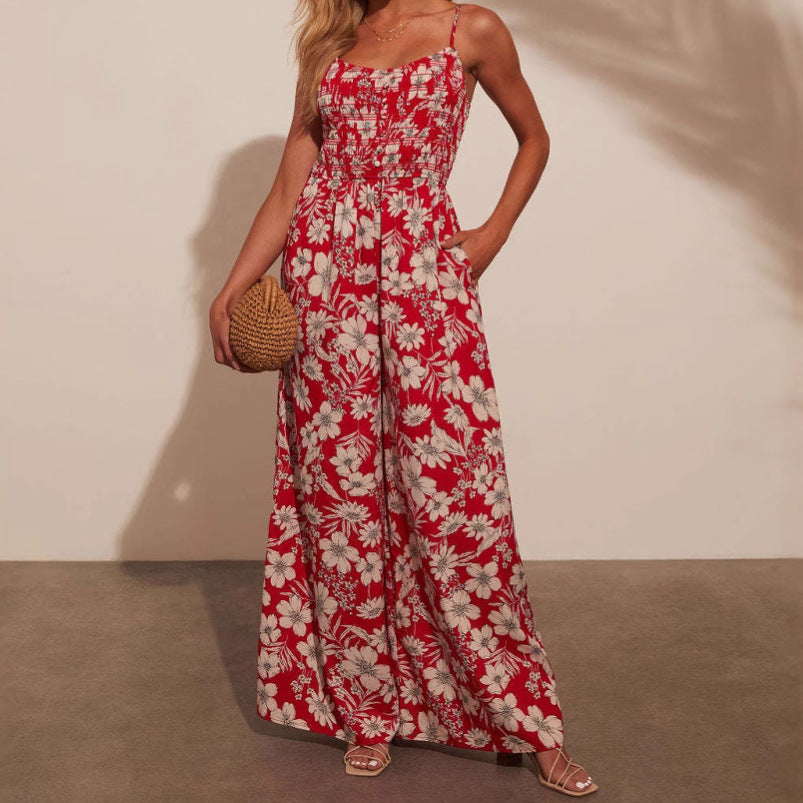 Women's Floral Wide Leg Jumpsuit with Smocked Top - Nocini
