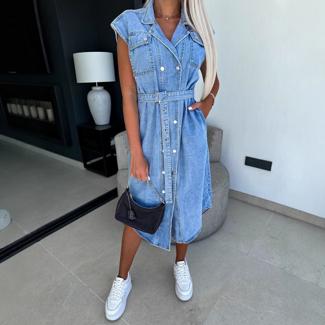 Women's Short Sleeveless Denim Dress with Belted Waist