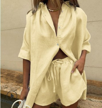 Women's Linen Shirt and Shorts Set - Comfortable Summer Outfit